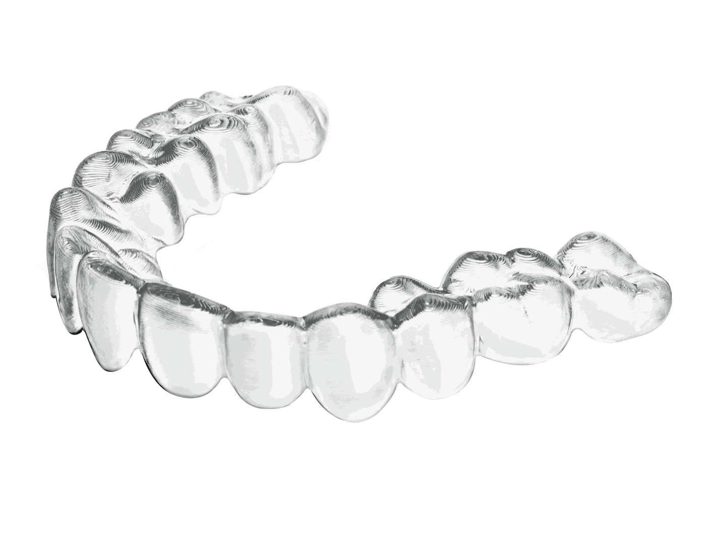 ya!smile SmileGrap 第三代醫療高分子聚合材料製成的透明牙套上排，特寫展示貼合齒列與光澤表面